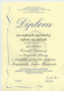 Dolná Súča Diplom za najlepší spev. výkon 23.5.2010